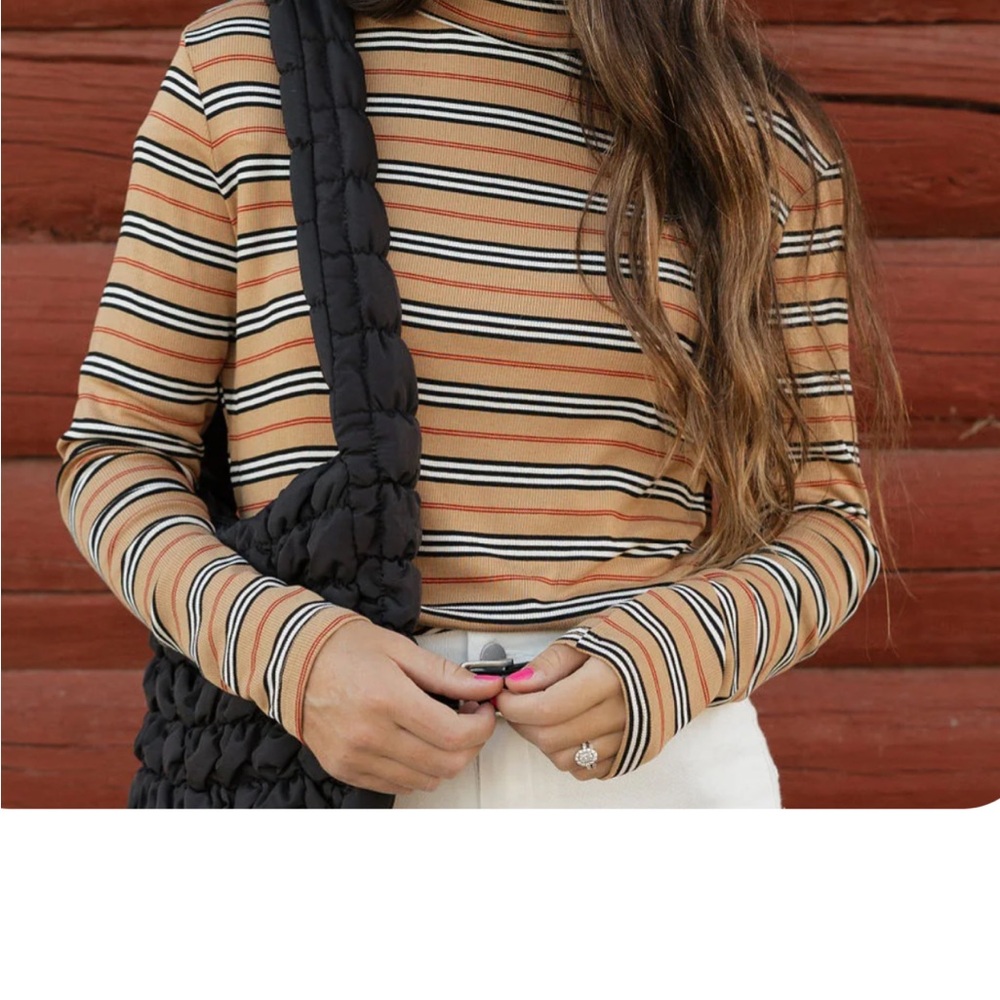 Tan and Black Ribbed Long Sleeve Fitted Tee